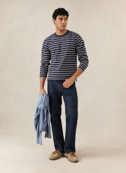 Men's Long Sleeve Breton T Shirt - Organic Cotton - Navy Stripe | Percival
