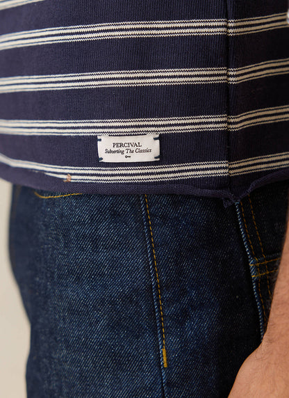 Men's Long Sleeve Breton T Shirt - Organic Cotton - Navy Stripe | Percival