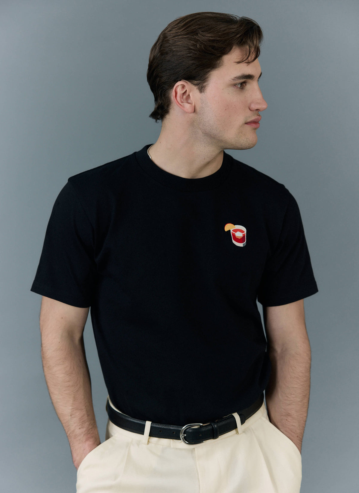 Men's Embroidered T Shirt: Negroni - Heavyweight Cotton - Black | Percival