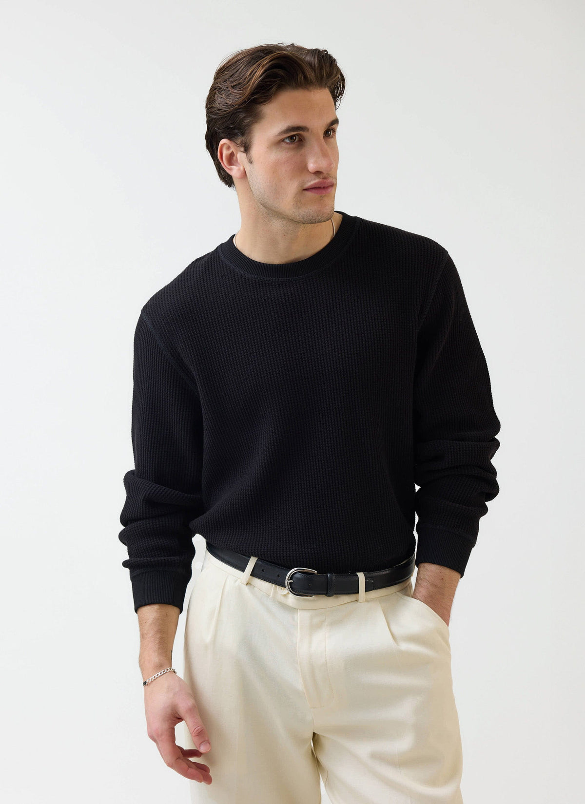 Men's Waffle Long Sleeve T Shirt - Cotton - Black | Percival