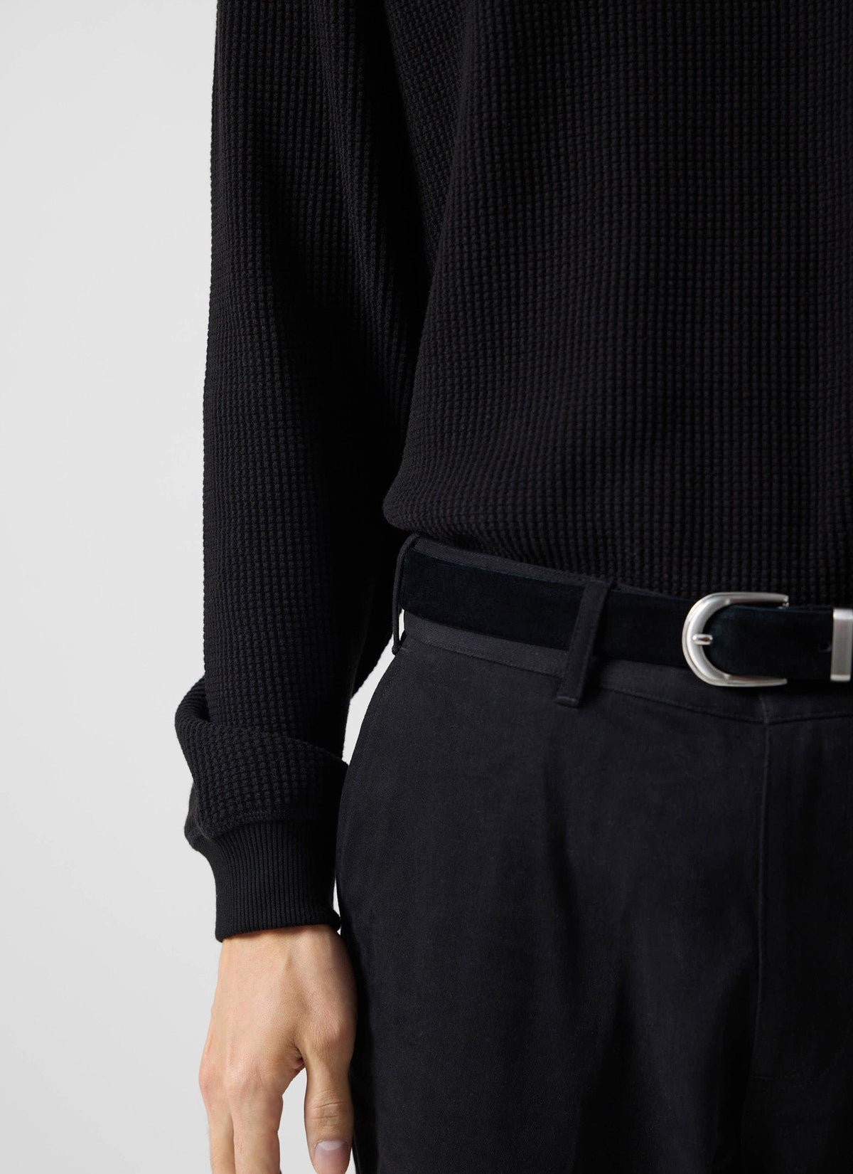 Men's Waffle Long Sleeve T Shirt - Cotton - Black | Percival