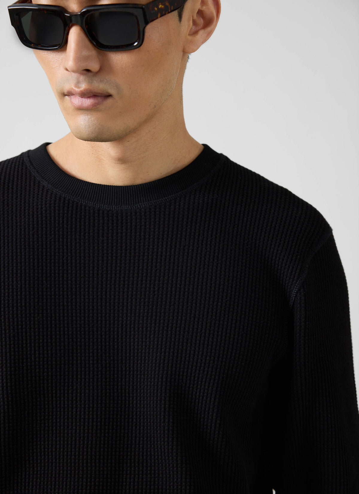 Men's Waffle Long Sleeve T Shirt - Cotton - Black | Percival