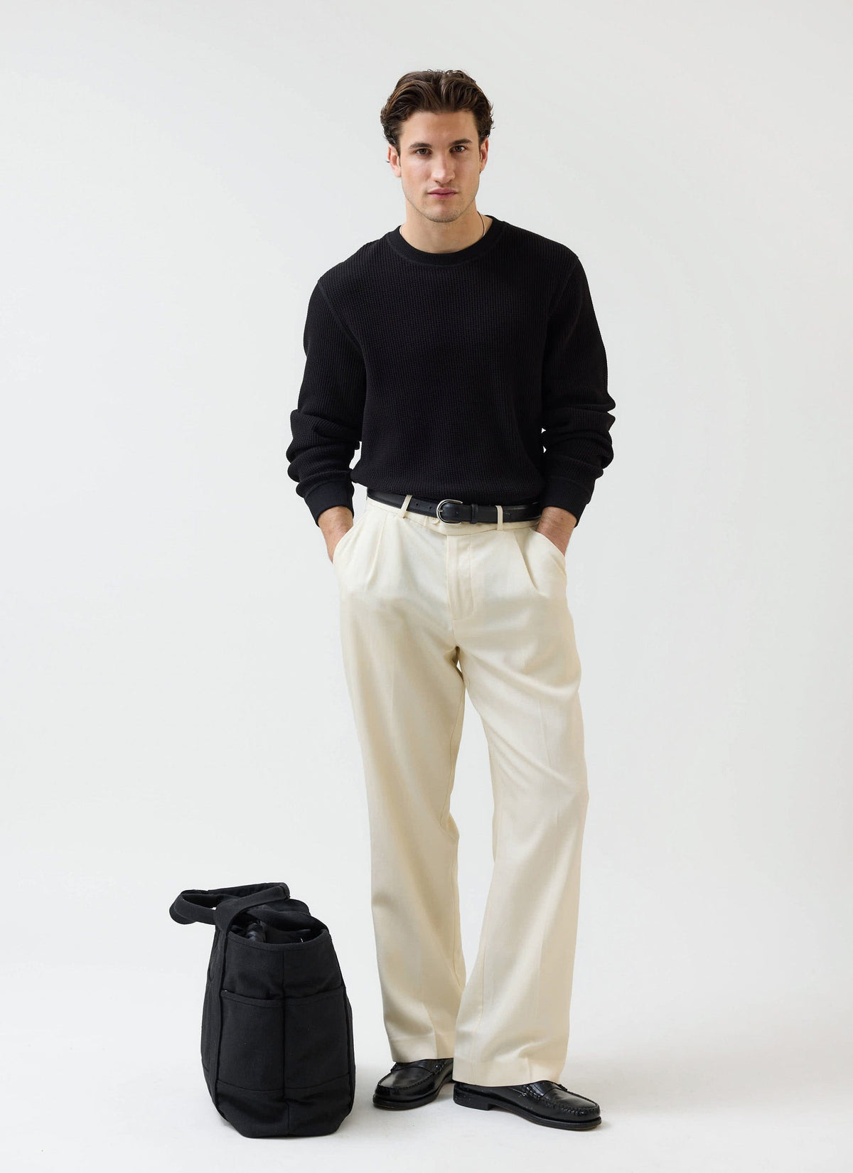 Men's Waffle Long Sleeve T Shirt - Cotton - Black | Percival
