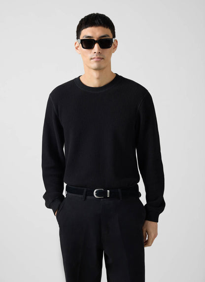 Men's Waffle Long Sleeve T Shirt - Cotton - Black | Percival