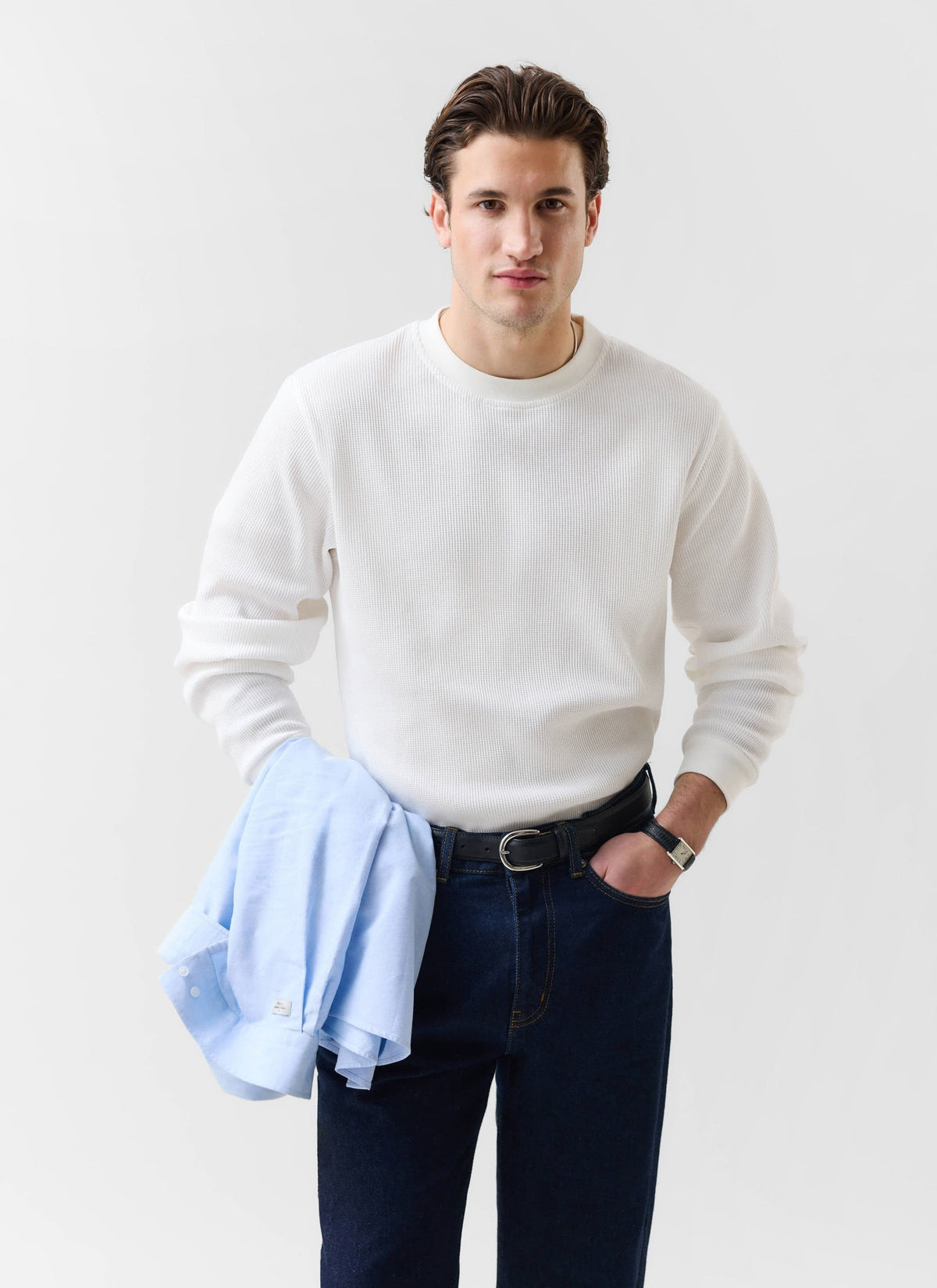 Men's Waffle Long Sleeve T Shirt - Cotton - White | Percival