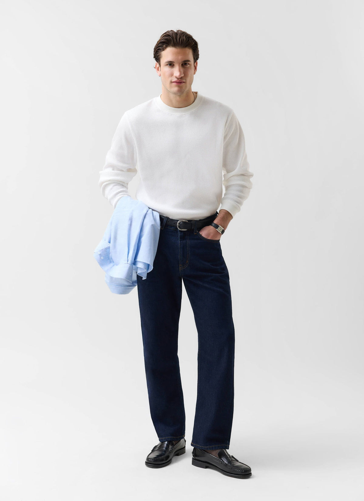 Men's Waffle Long Sleeve T Shirt - Cotton - White | Percival