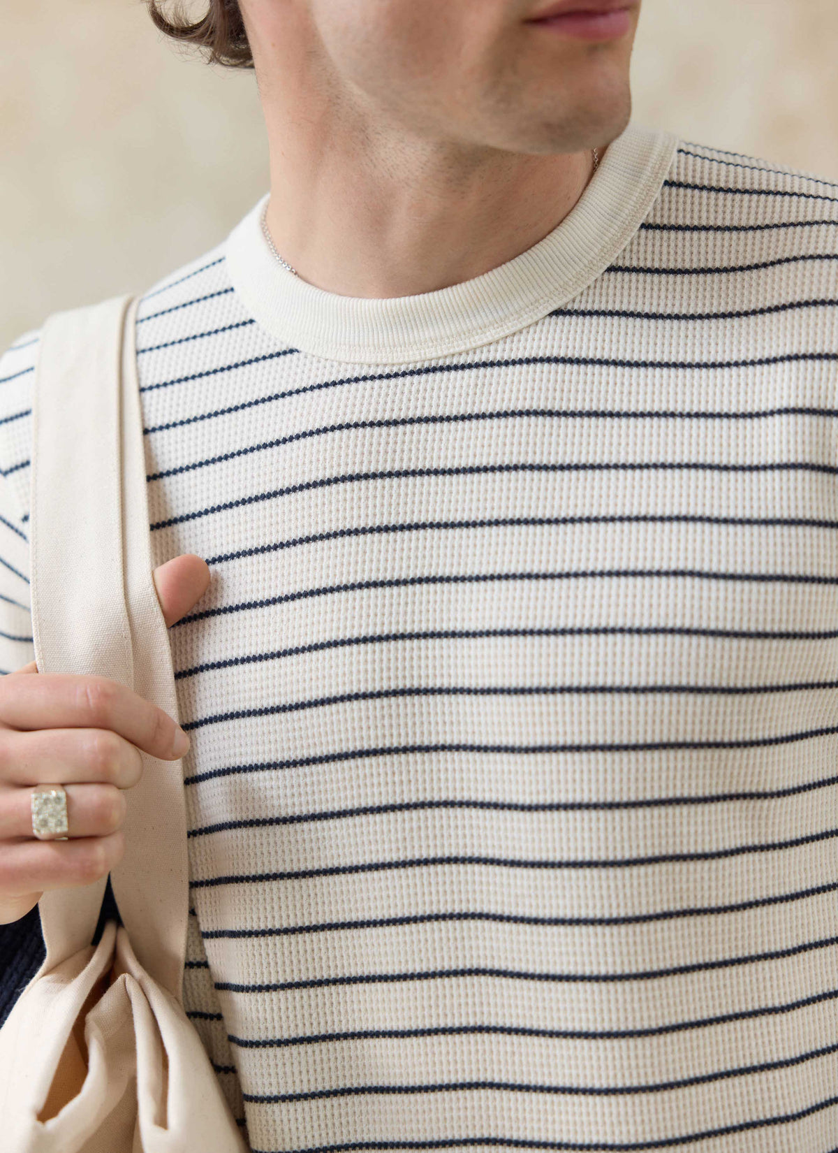 Men's Long Sleeve Waffle T-Shirt - Ernie - Cotton - Cream Stripe | Percival