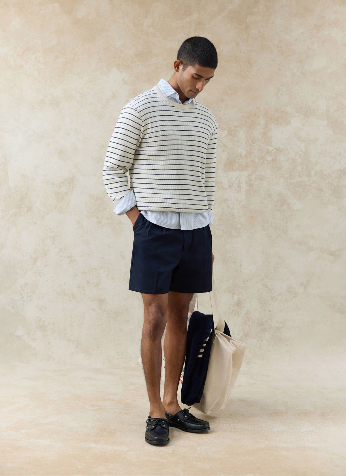 Men's Long Sleeve Waffle T-Shirt - Ernie - Cotton - Cream Stripe | Percival