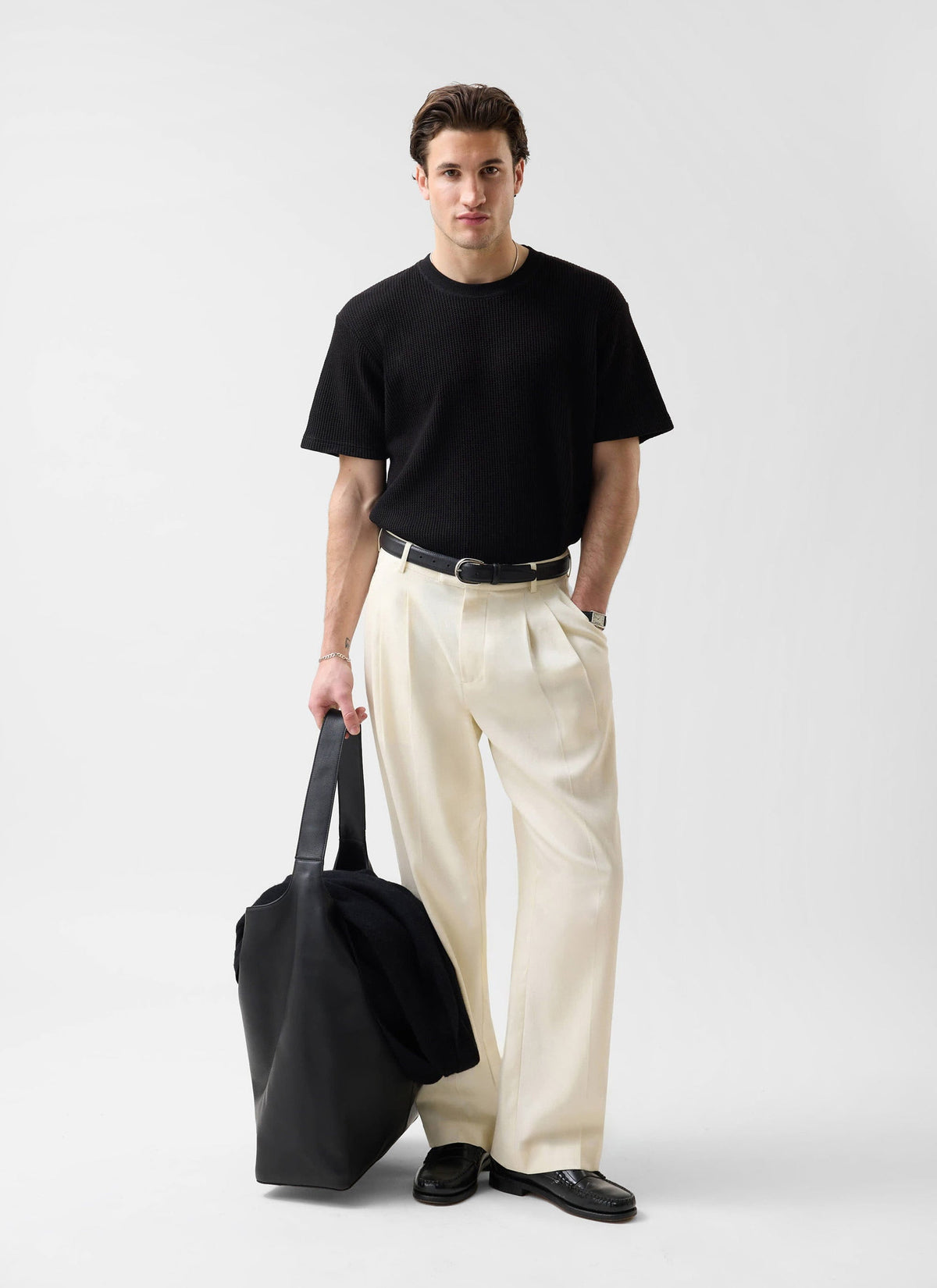 Men's Waffle Short Sleeve T Shirt - Cotton - Black | Percival