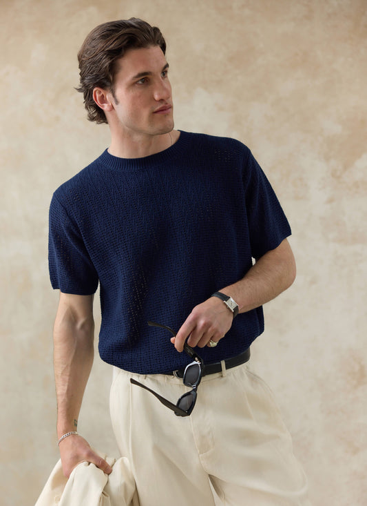 Men's Knitted Navy T Shirt - Siena - 100% Cotton | Percival