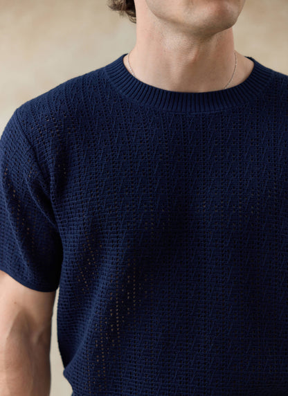 Men's Knitted Navy T Shirt - Siena - 100% Cotton | Percival