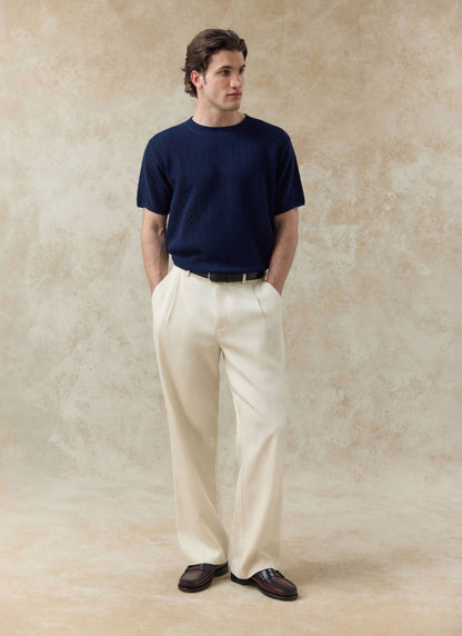 Men's Knitted Navy T Shirt - Siena - 100% Cotton | Percival