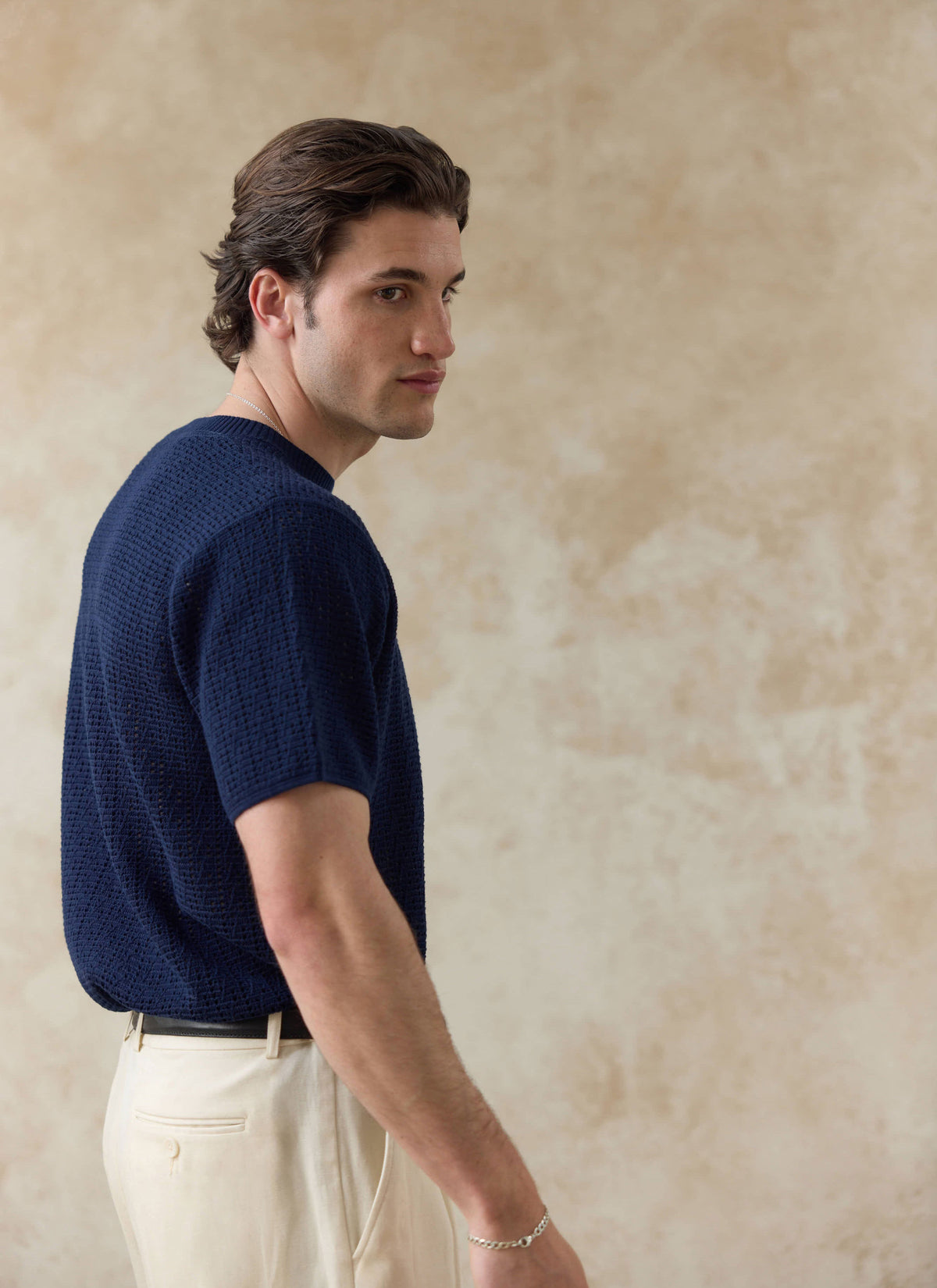 Men's Knitted Navy T Shirt - Siena - 100% Cotton | Percival