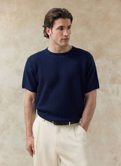 Men's Knitted Navy T Shirt - Siena - 100% Cotton | Percival