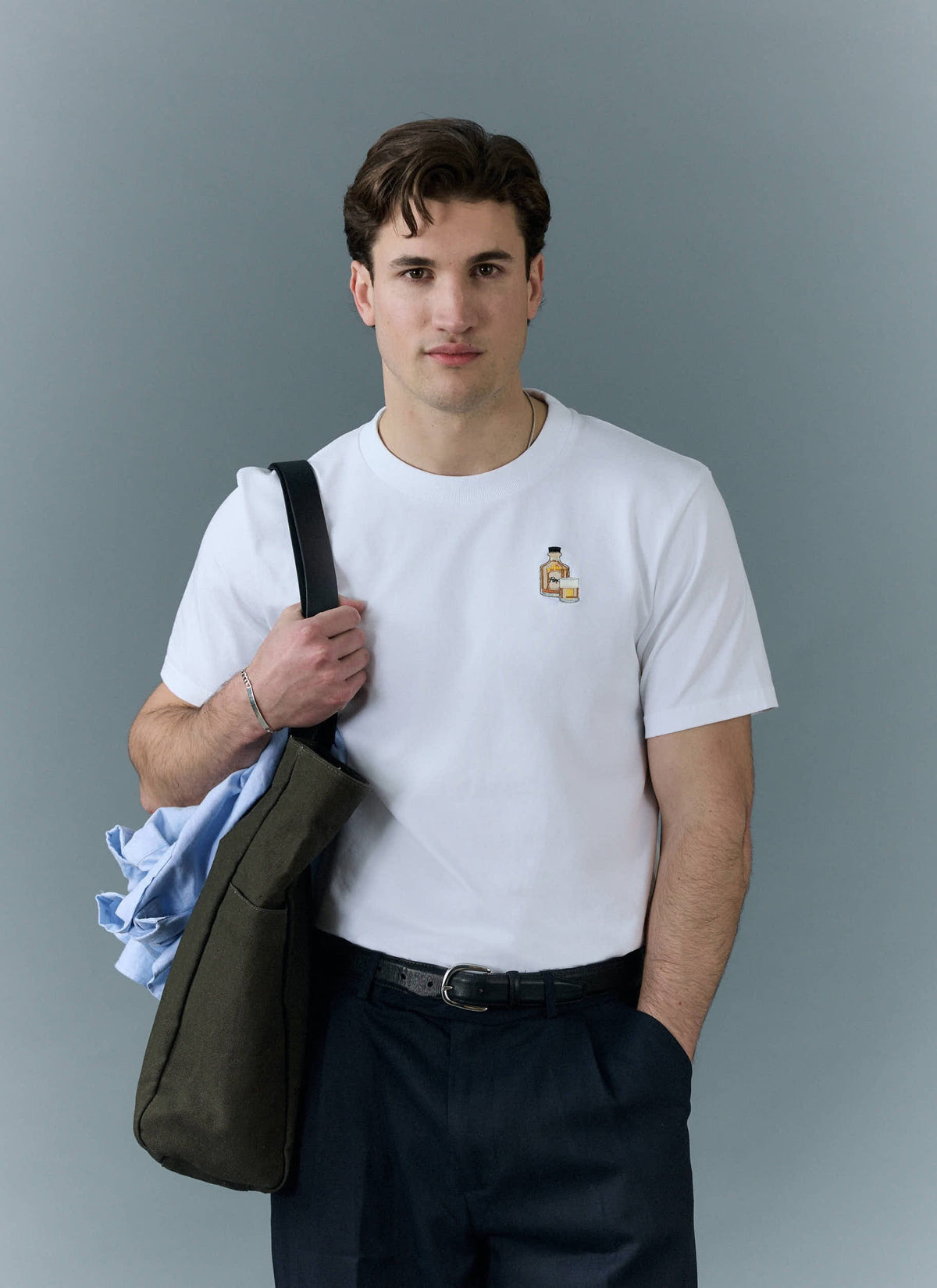 Men's Embroidered T Shirt: Old Fashioned - Cotton - White | Percival