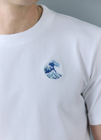 Men's Embroidered T Shirt: Wave - Heavyweight Cotton - White | Percival