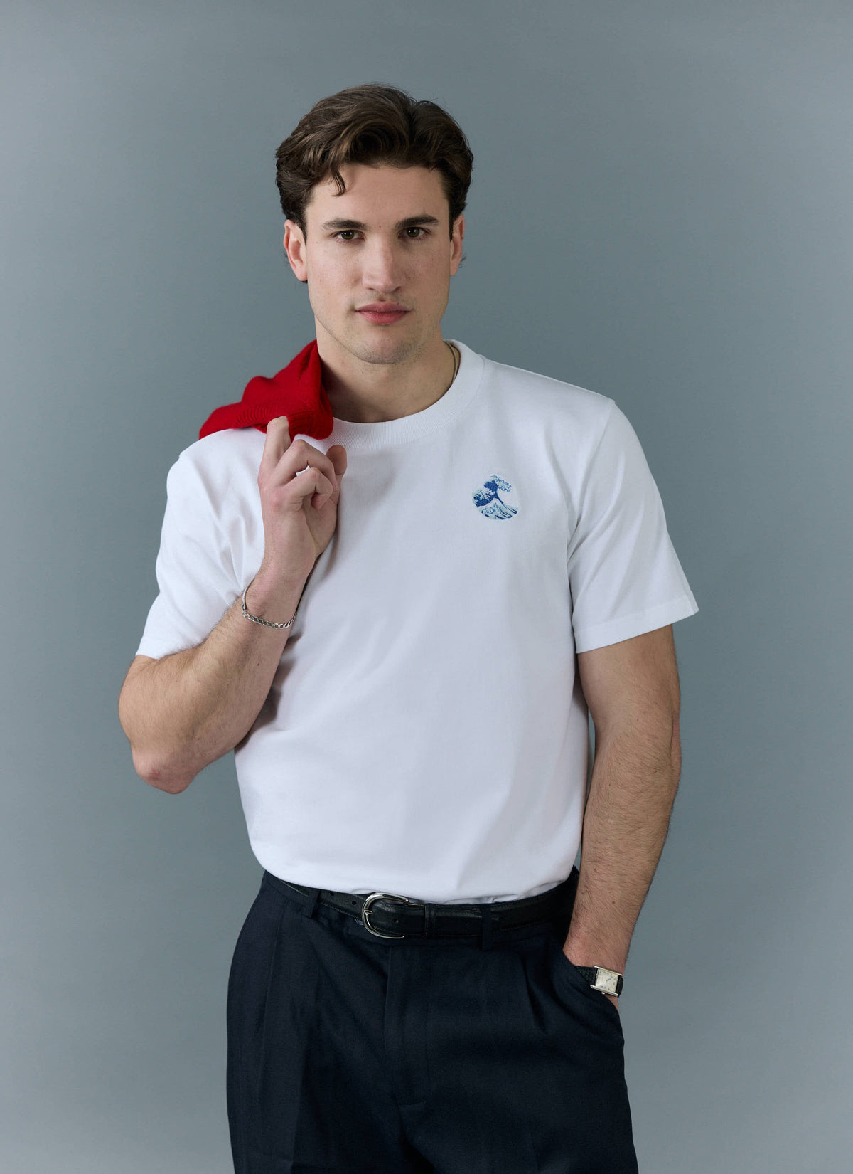 Men's Embroidered T Shirt: Wave - Heavyweight Cotton - White | Percival