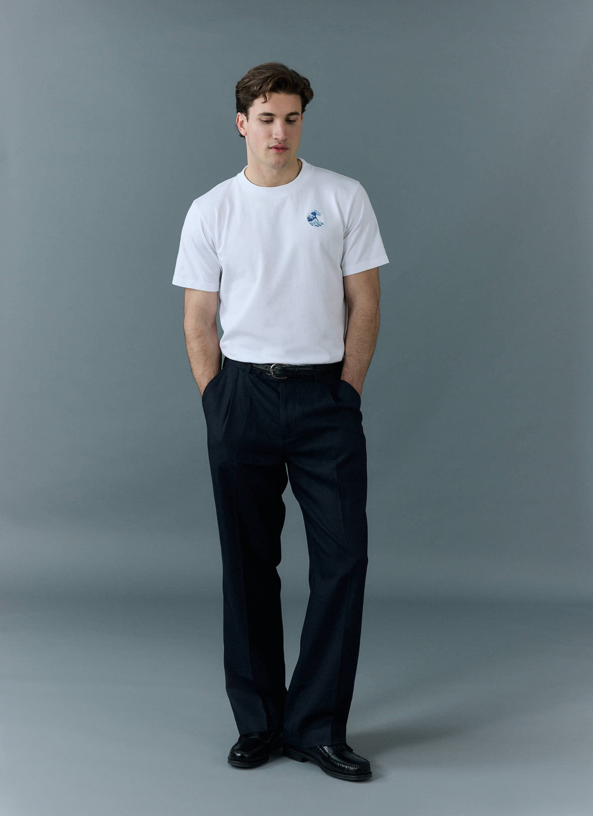 Men's Embroidered T Shirt: Wave - Heavyweight Cotton - White | Percival