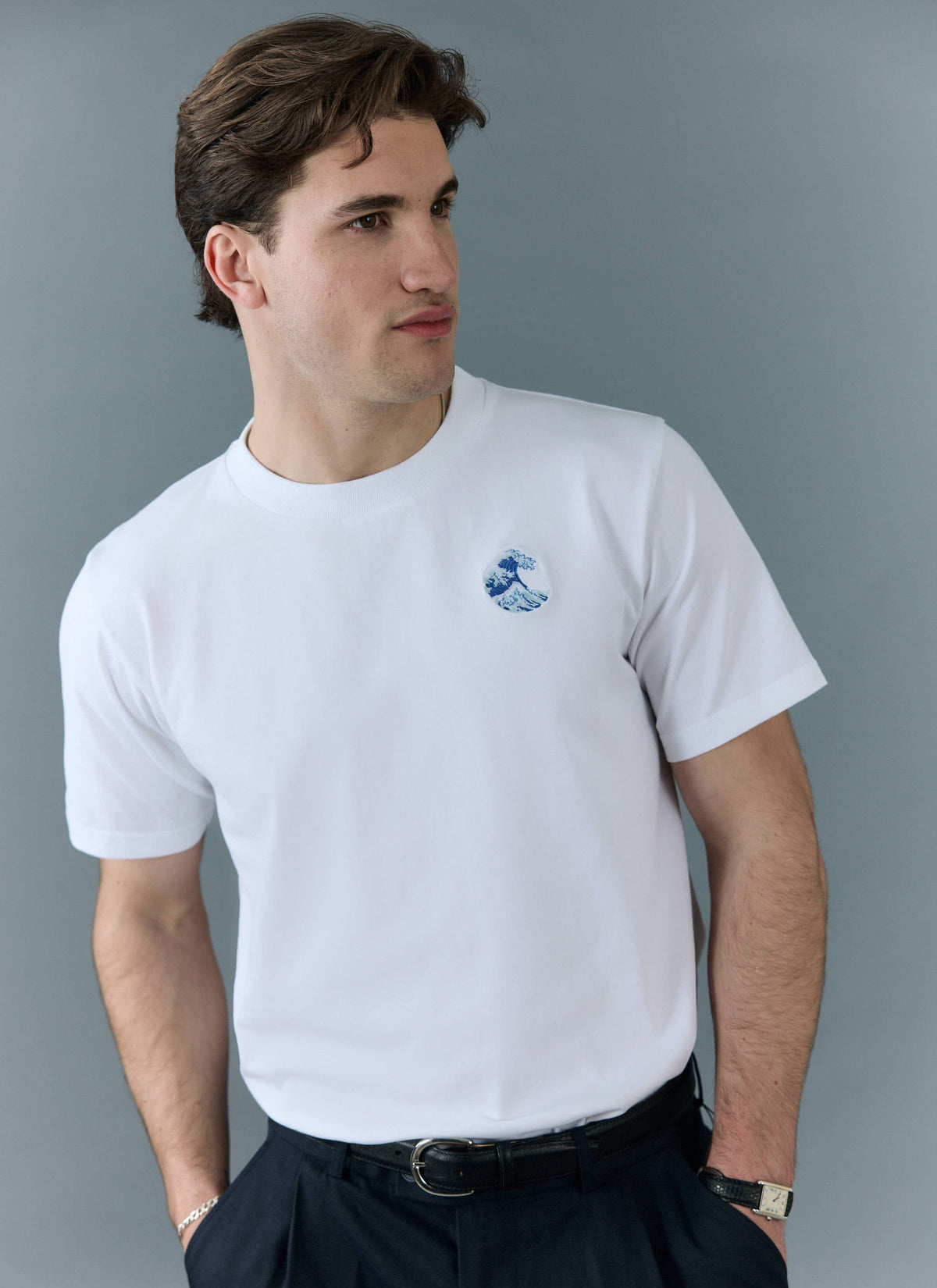 Men's Embroidered T Shirt: Wave - Heavyweight Cotton - White | Percival