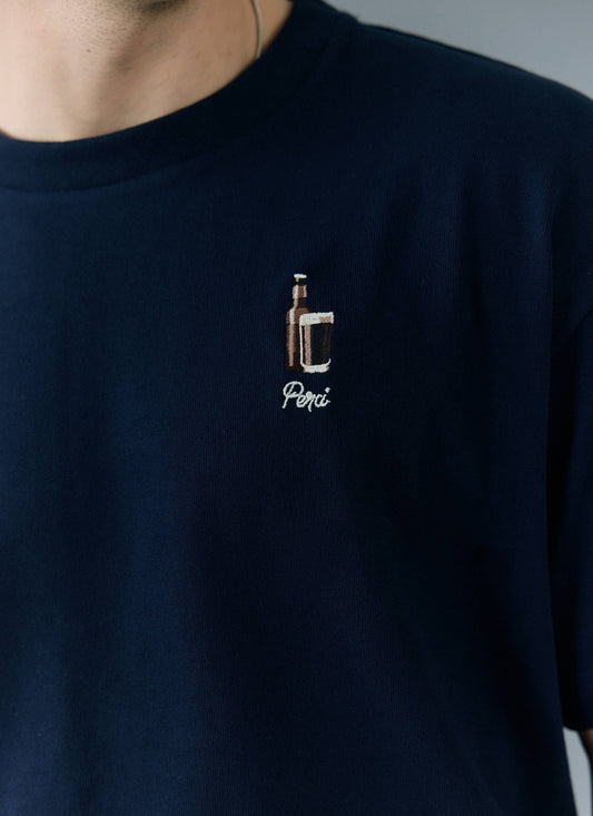 Men's Oversized T Shirt - Embroidered Stout - Cotton - Navy | Percival