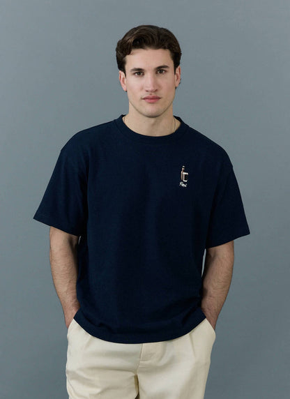 Men's Oversized T Shirt - Embroidered Stout - Cotton - Navy | Percival