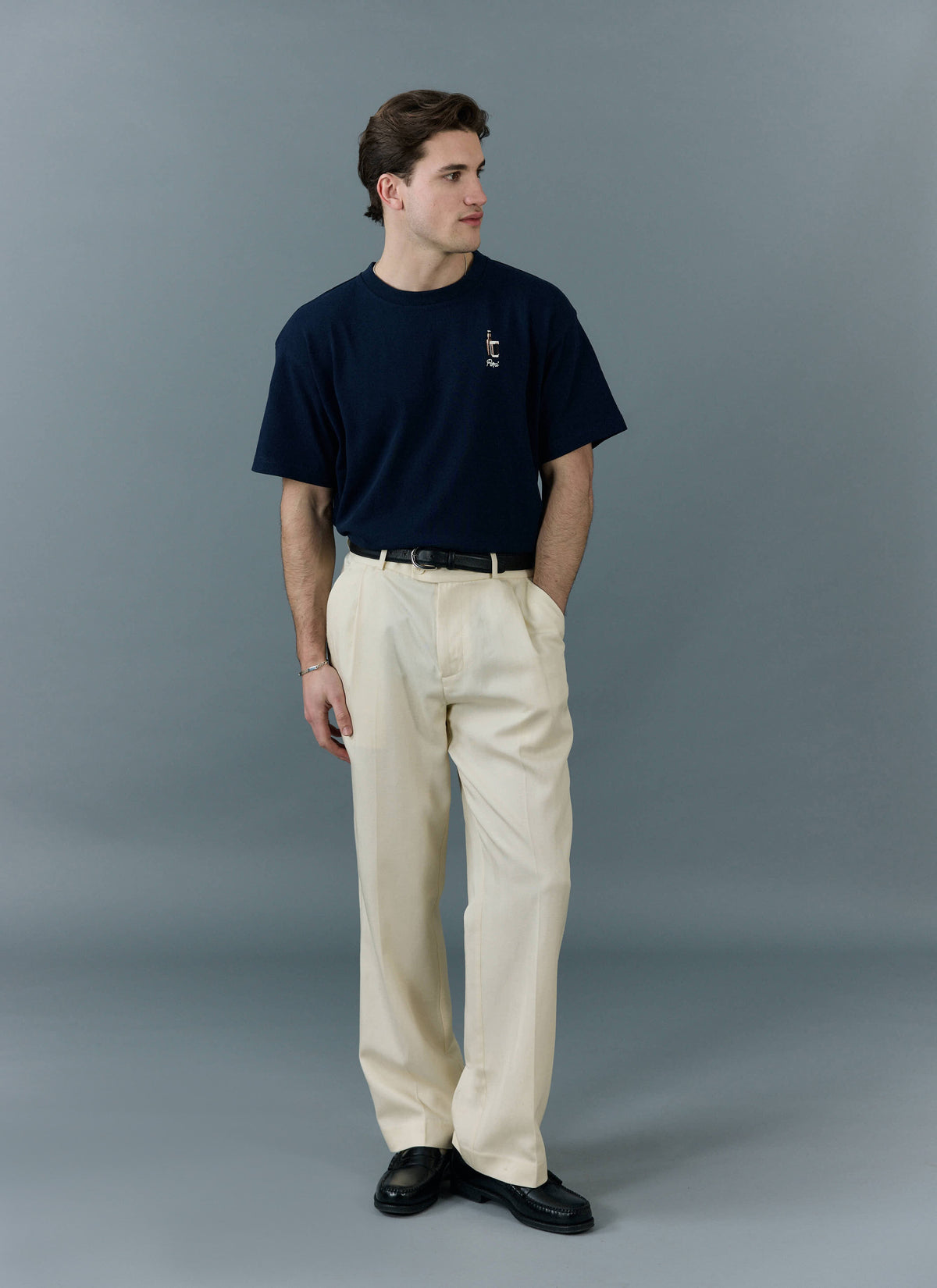 Men's Oversized T Shirt - Embroidered Stout - Cotton - Navy | Percival