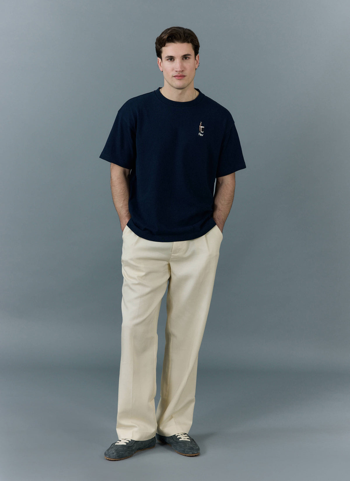 Men's Oversized T Shirt - Embroidered Stout - Cotton - Navy | Percival