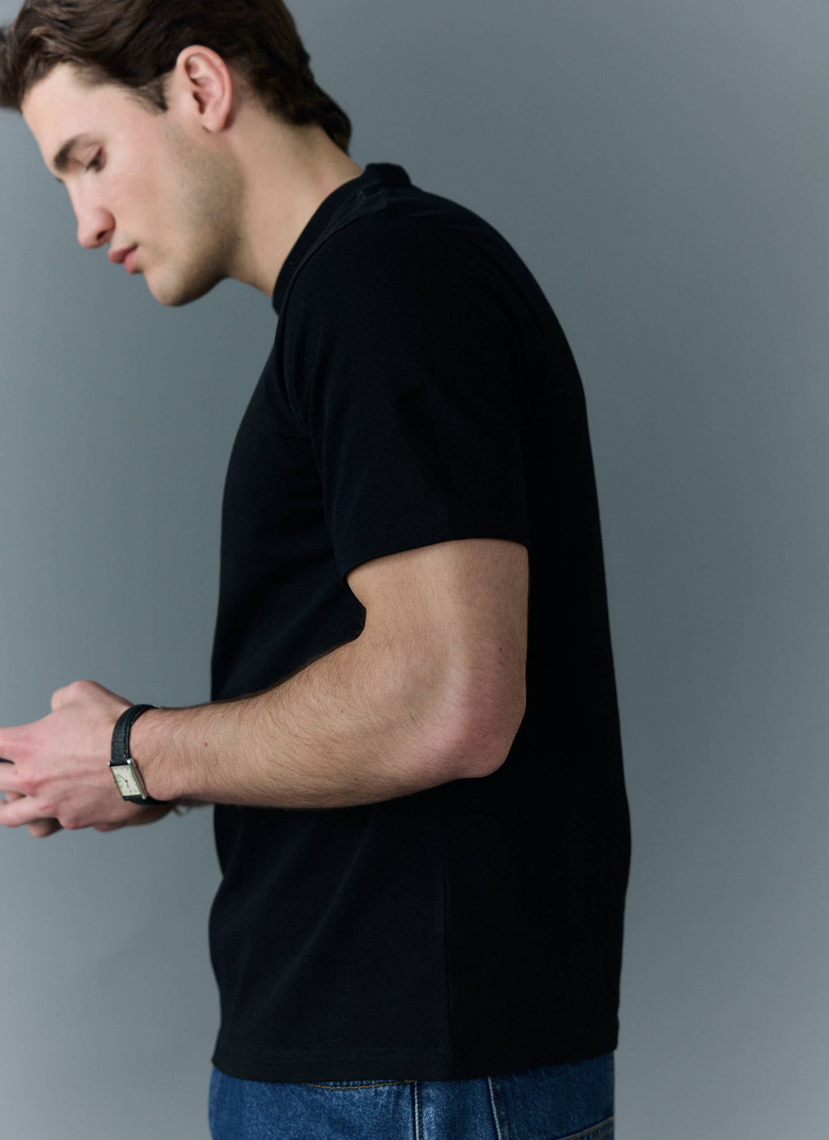 Men's Cropped Plain T Shirt - Heavyweight Cotton - Black | Percival