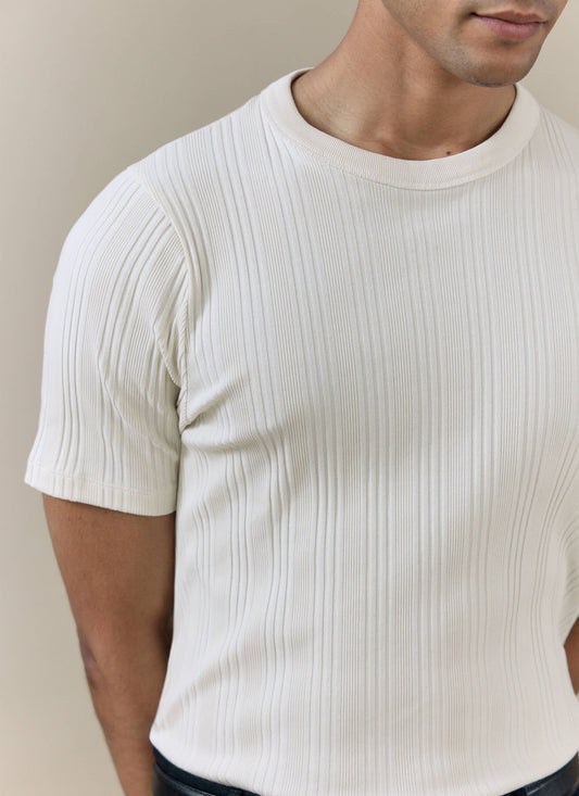 Men's Slim Fit Ribbed T-shirt: Leon - Cotton - Cream | Percival