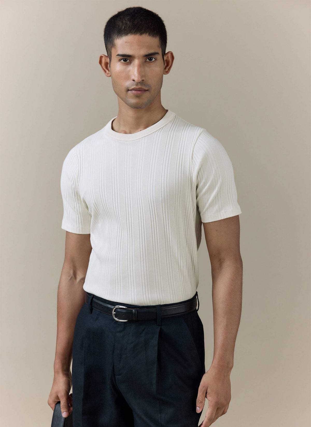 Men's Slim Fit Ribbed T-shirt: Leon - Cotton - Cream | Percival