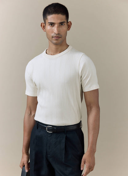 Men's Slim Fit Ribbed T-shirt: Leon - Cotton - Cream | Percival