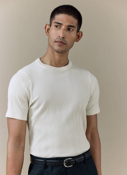 Men's Slim Fit Ribbed T-shirt: Leon - Cotton - Cream | Percival