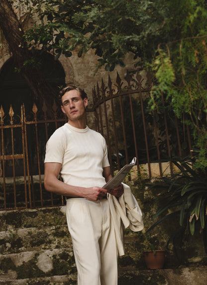 Men's Slim Fit Ribbed T-shirt: Leon - Cotton - Cream | Percival