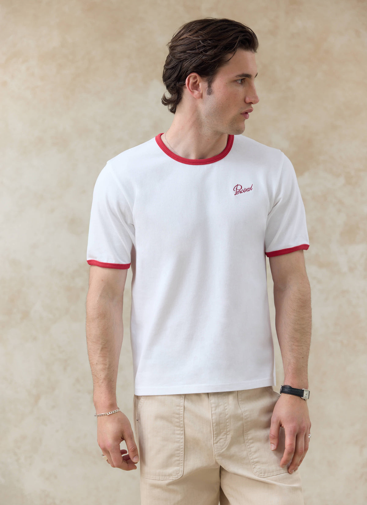 Men's Ringer T Shirt - Slim Fit - Cotton - White & Red | Percival