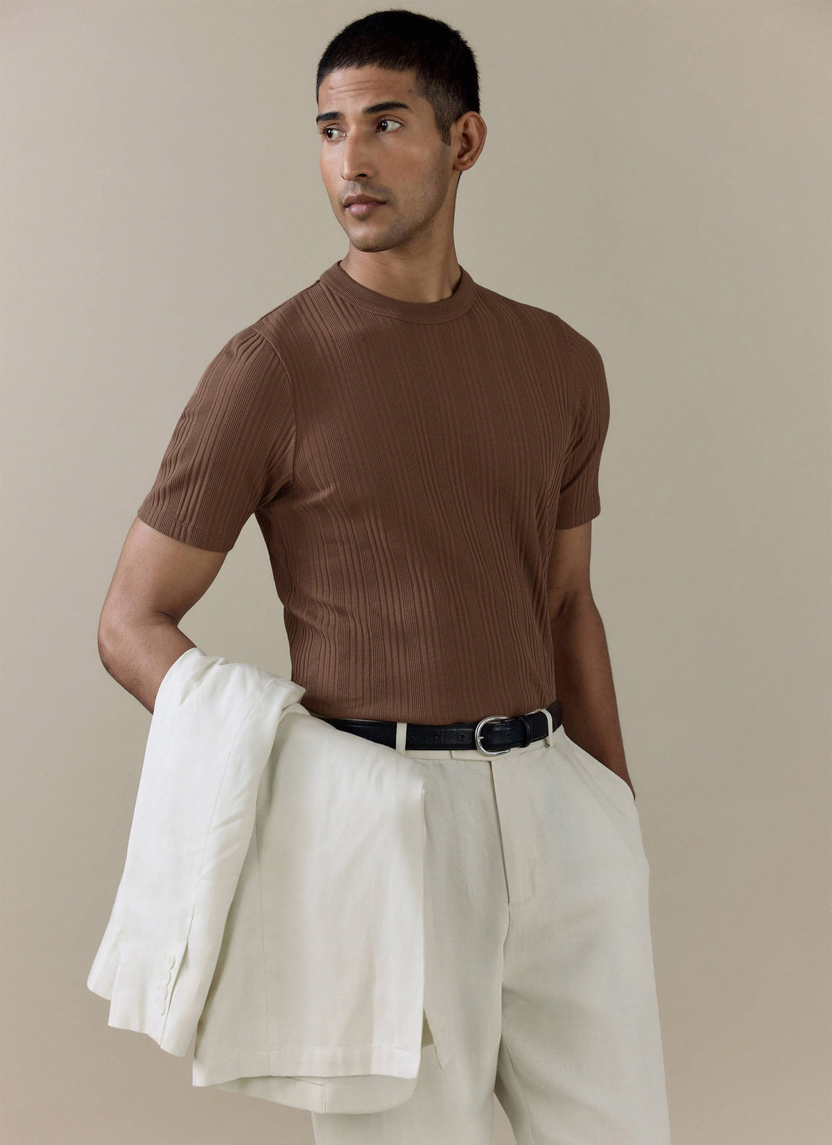 Men's Slim Fit RIbbed T Shirt: Leon - Cotton - Brown | Percival
