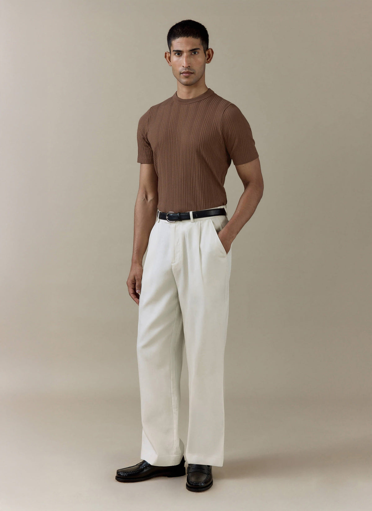 Men's Slim Fit RIbbed T Shirt: Leon - Cotton - Brown | Percival