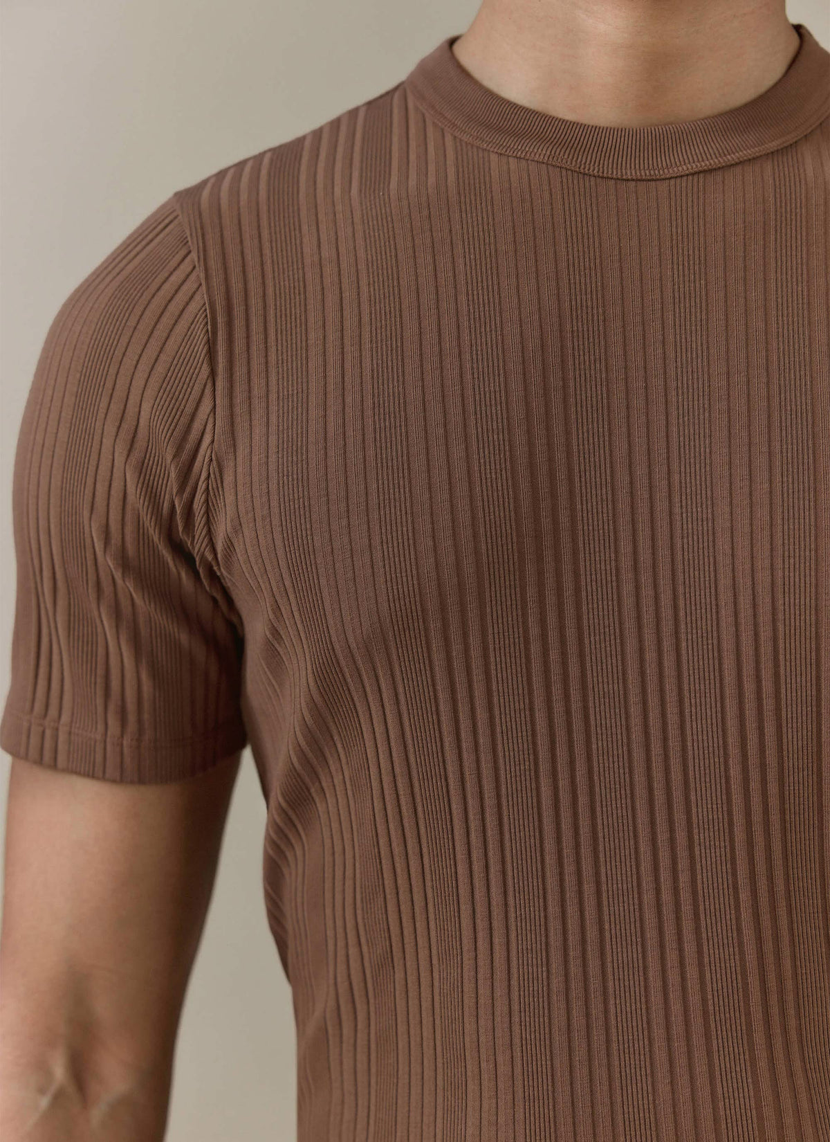 Men's Slim Fit RIbbed T Shirt: Leon - Cotton - Brown | Percival