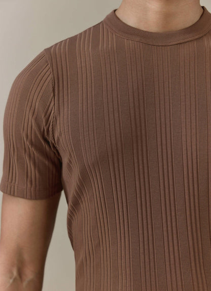 Men's Slim Fit RIbbed T Shirt: Leon - Cotton - Brown | Percival