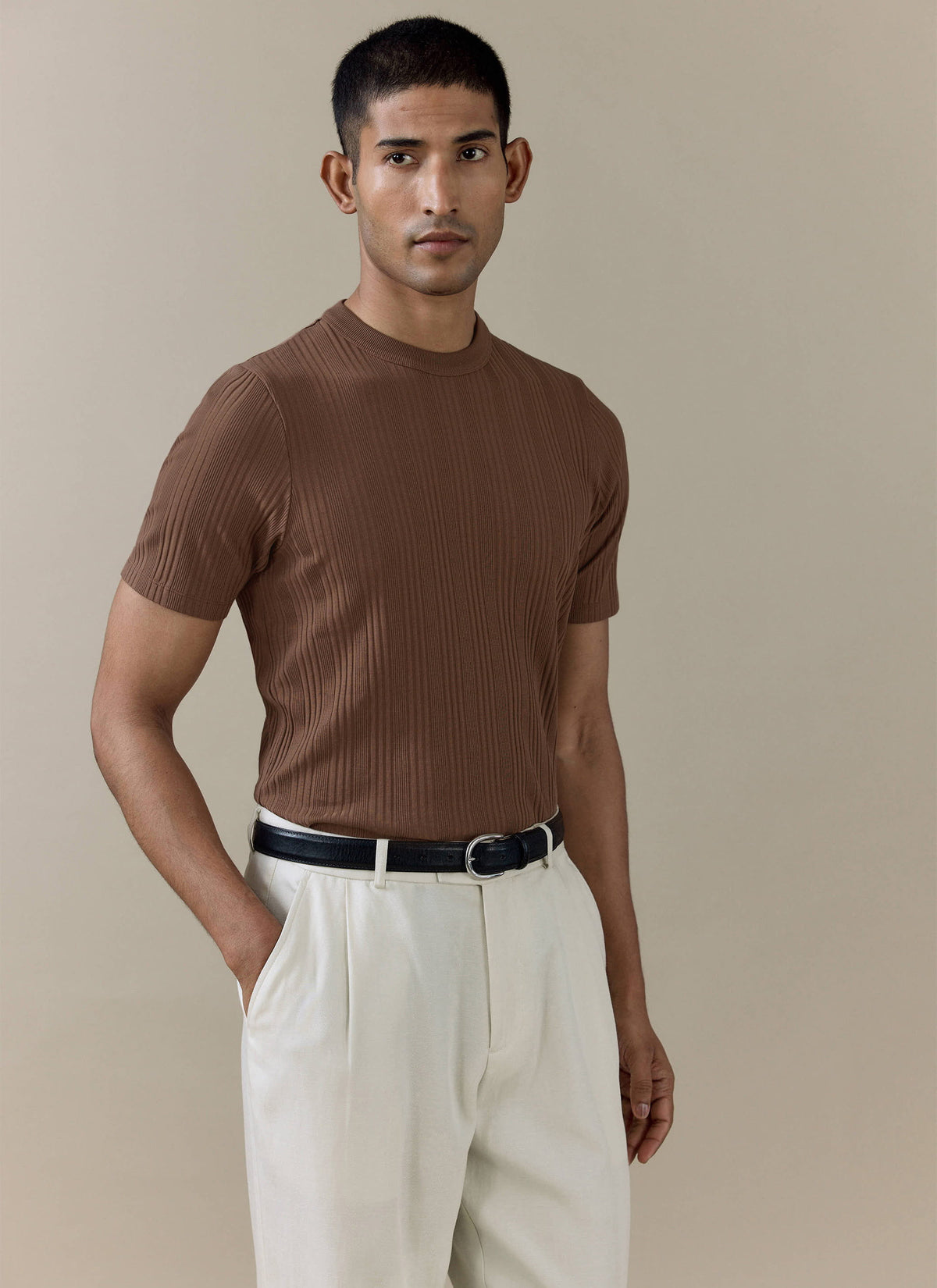 Men's Slim Fit RIbbed T Shirt: Leon - Cotton - Brown | Percival