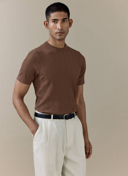 Men's Slim Fit RIbbed T Shirt: Leon - Cotton - Brown | Percival