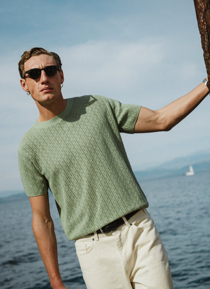 Men's Knitted T Shirt - Siena - Cotton - Pistachio Green | Percival
