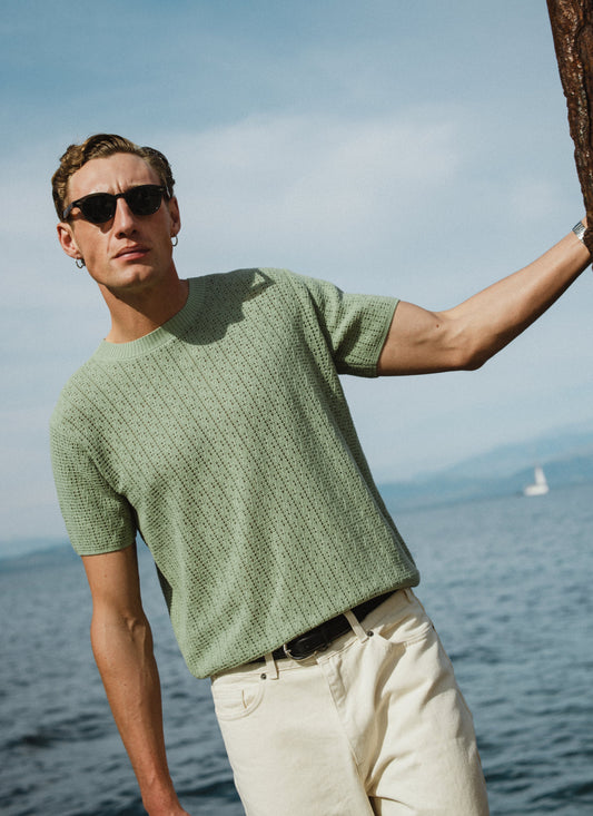 Men's Knitted T Shirt - Siena - Cotton - Pistachio Green | Percival