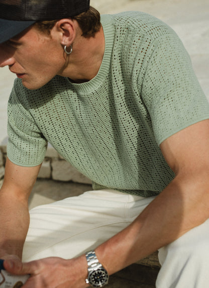 Men's Knitted T Shirt - Siena - Cotton - Pistachio Green | Percival