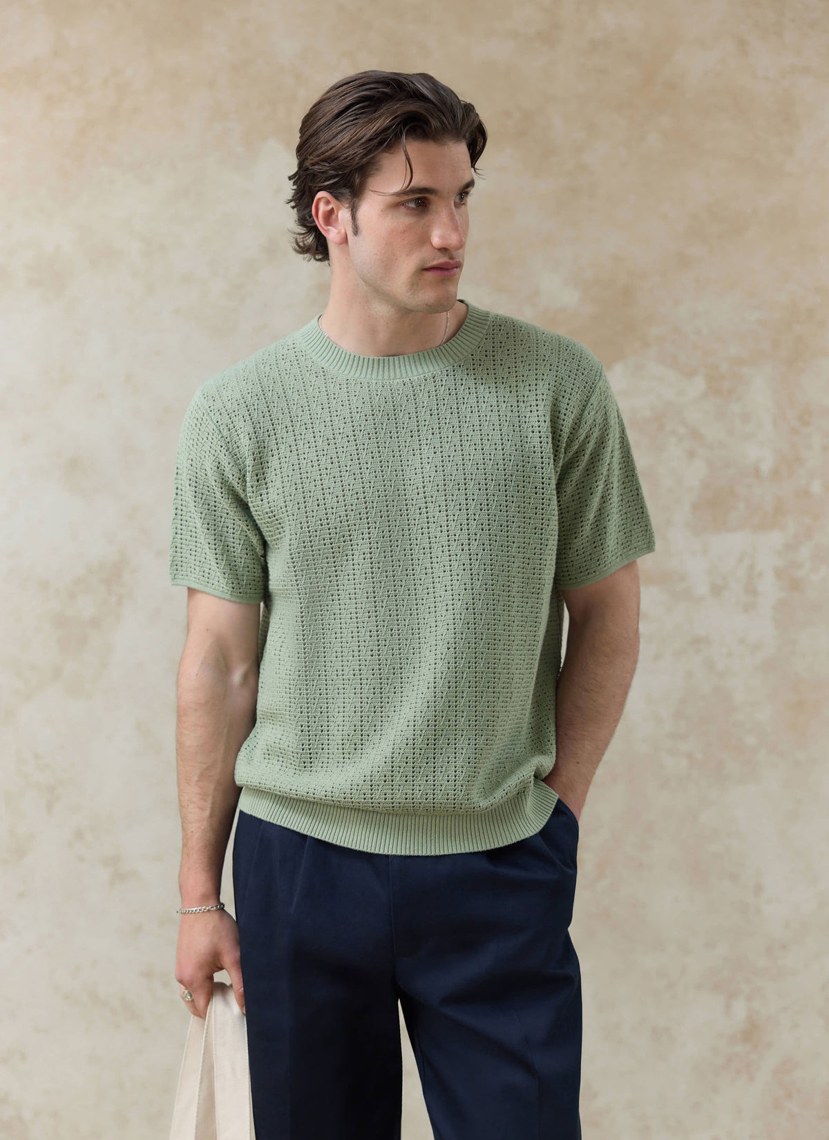 Men's Knitted T Shirt - Siena - Cotton - Pistachio Green | Percival