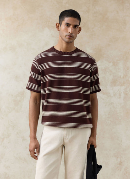 Men's Knit Cotton T Shirt - Fiction Striped - Espresso | Percival
