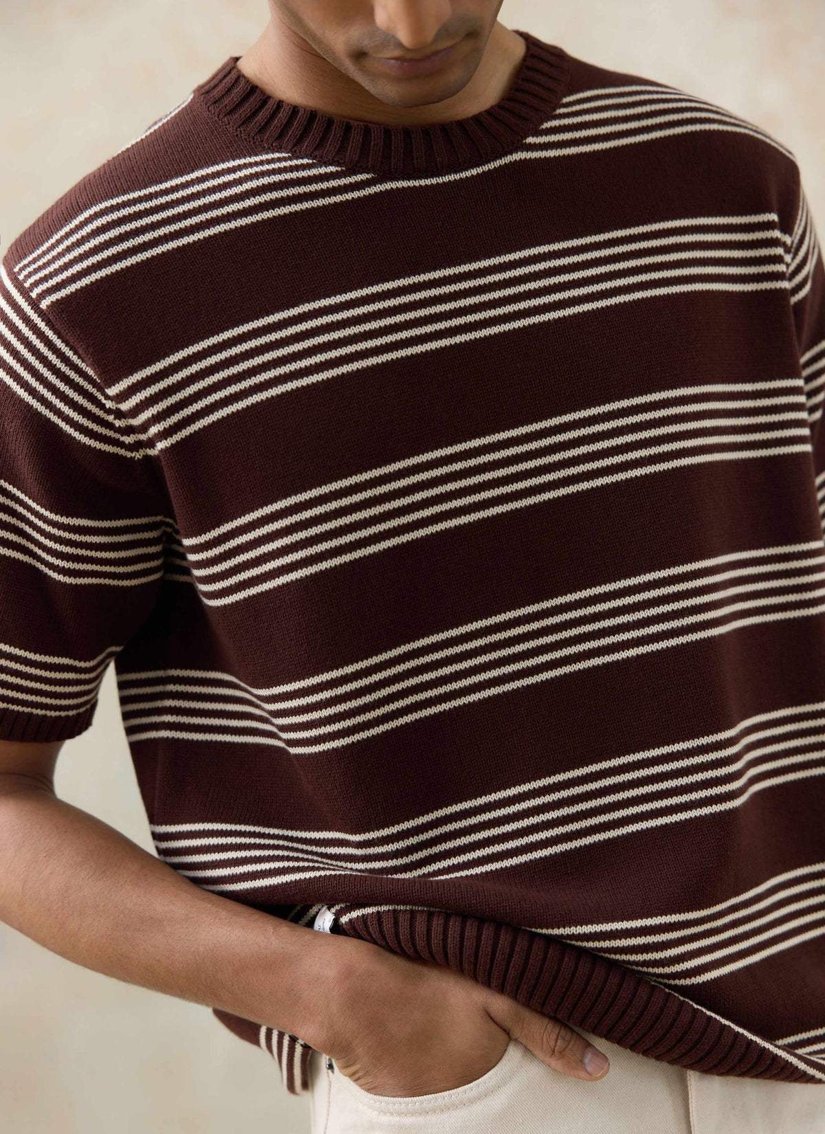 Men's Knit Cotton T Shirt - Fiction Striped - Espresso | Percival