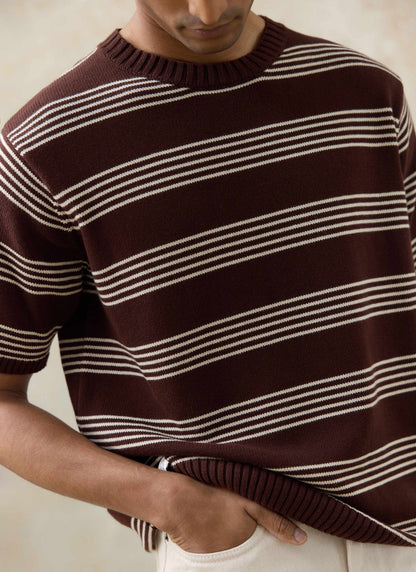 Men's Knit Cotton T Shirt - Fiction Striped - Espresso | Percival