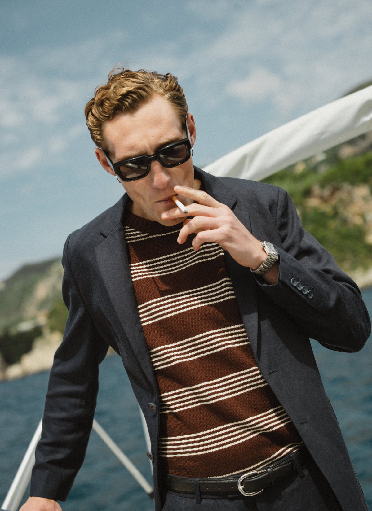 Men's Knit Cotton T Shirt - Fiction Striped - Espresso | Percival
