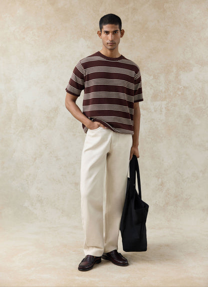 Men's Knit Cotton T Shirt - Fiction Striped - Espresso | Percival