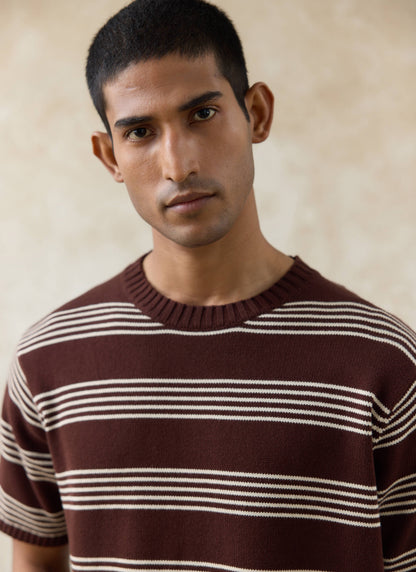Men's Knit Cotton T Shirt - Fiction Striped - Espresso | Percival